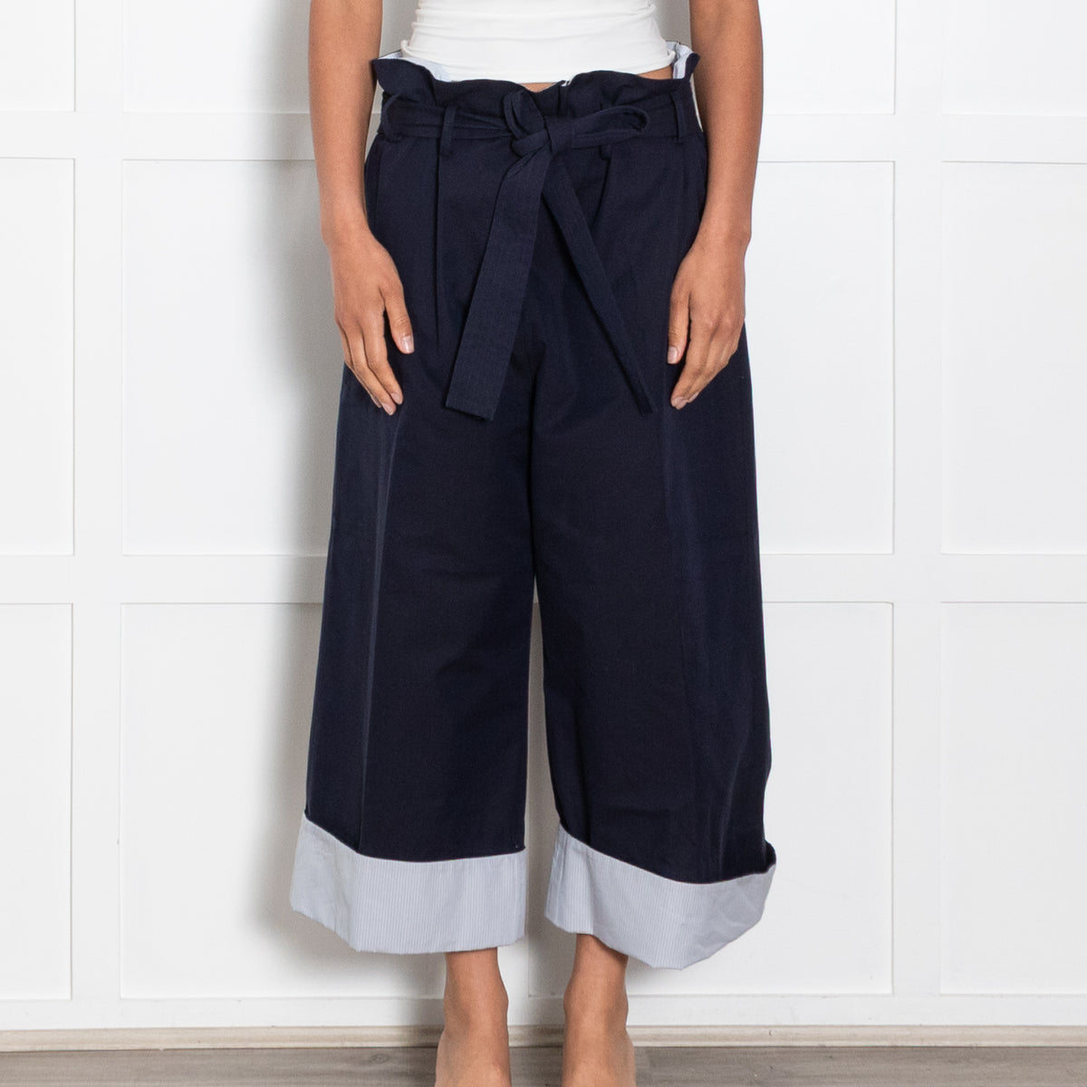 Loewe Navy Wide Leg Trousers Stripe Turnups