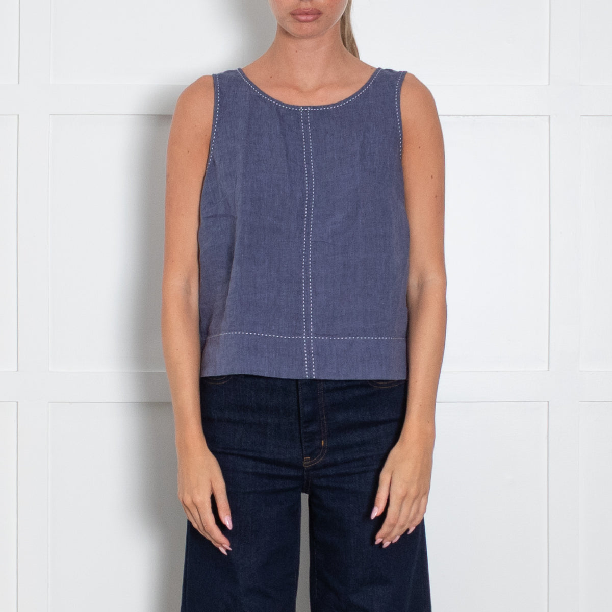 The White Company Blue White Thread Detail Linen Top