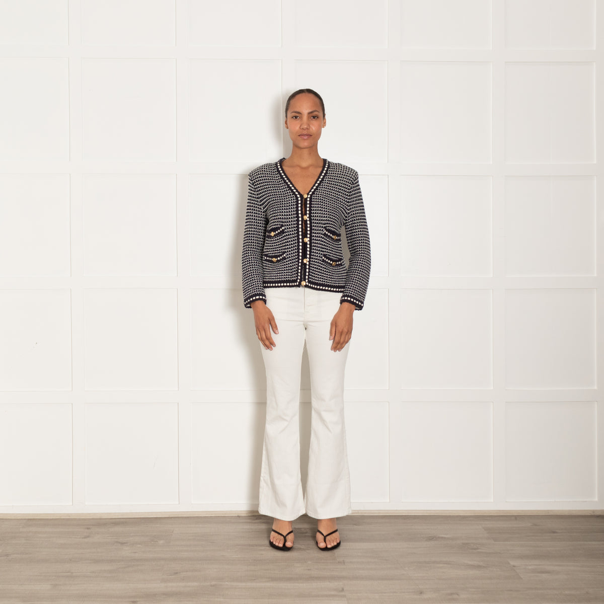 Me + Em Navy And White Boucle Jacket With Gold Buttons