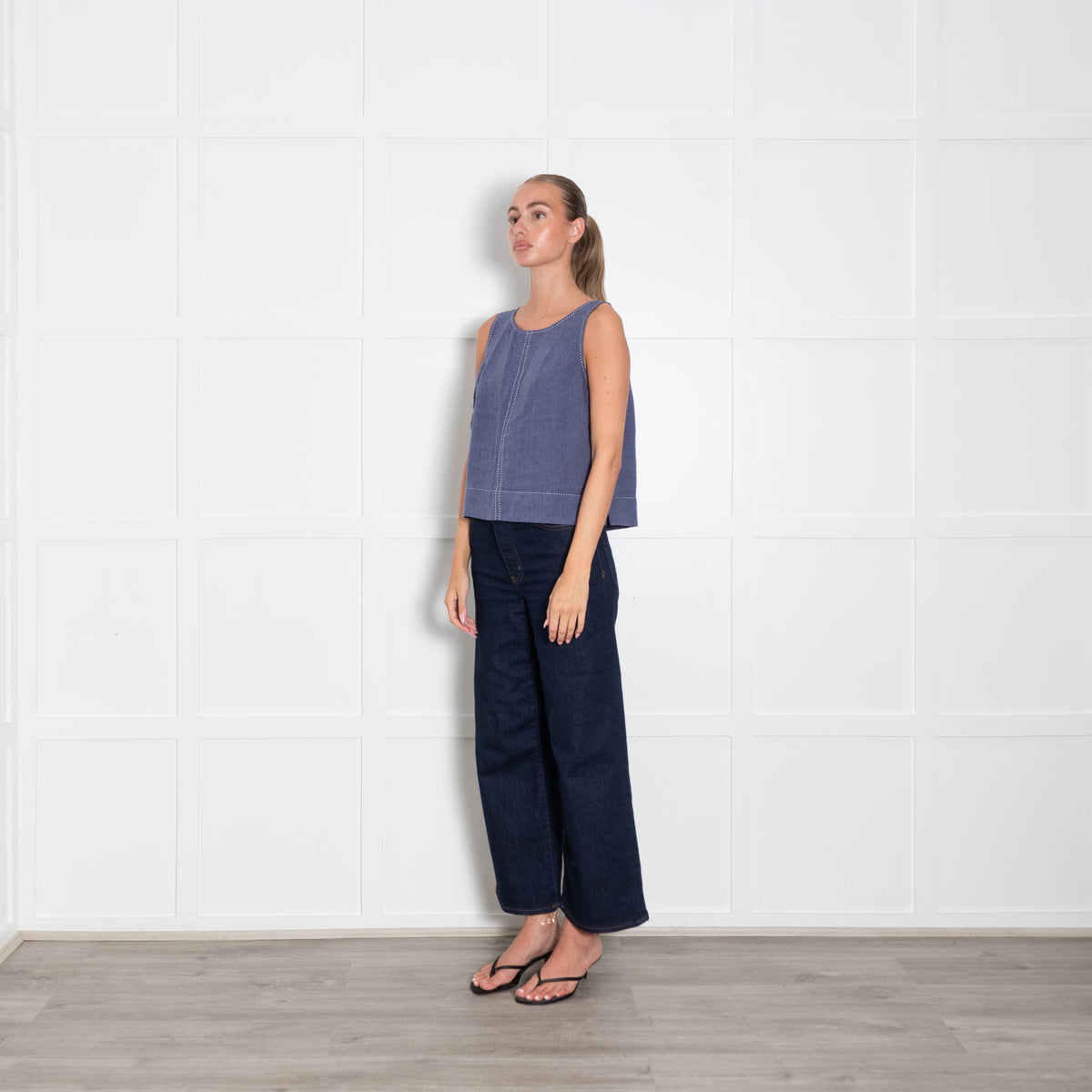 The White Company Blue White Thread Detail Linen Top