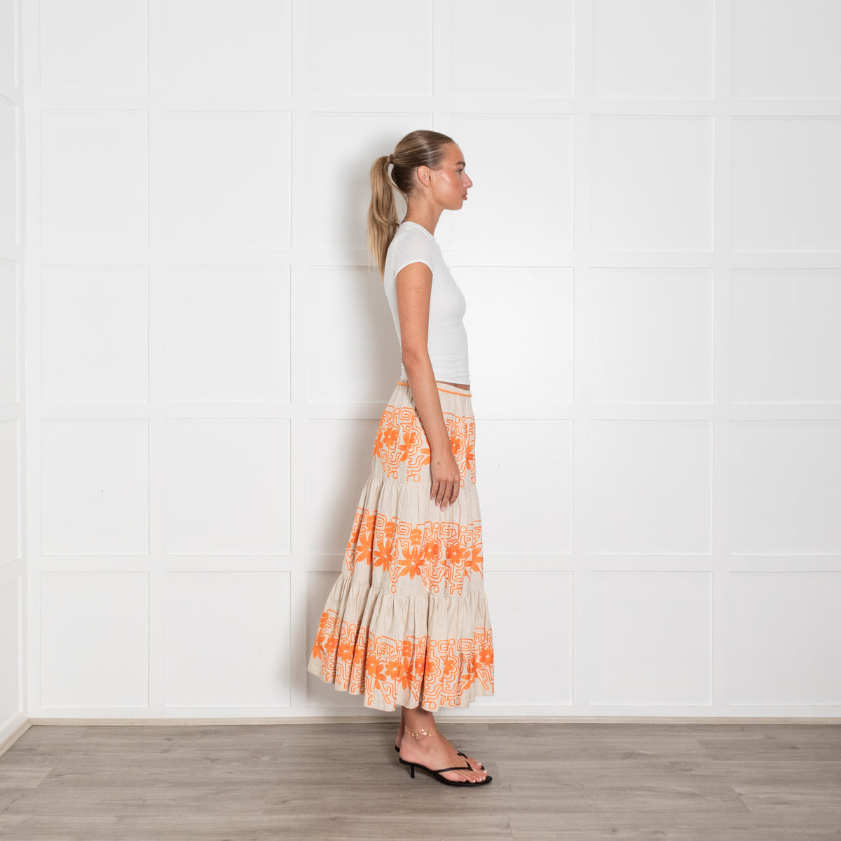 Maje Beige Orange Flower Embroidery Tiered Maxi Skirt