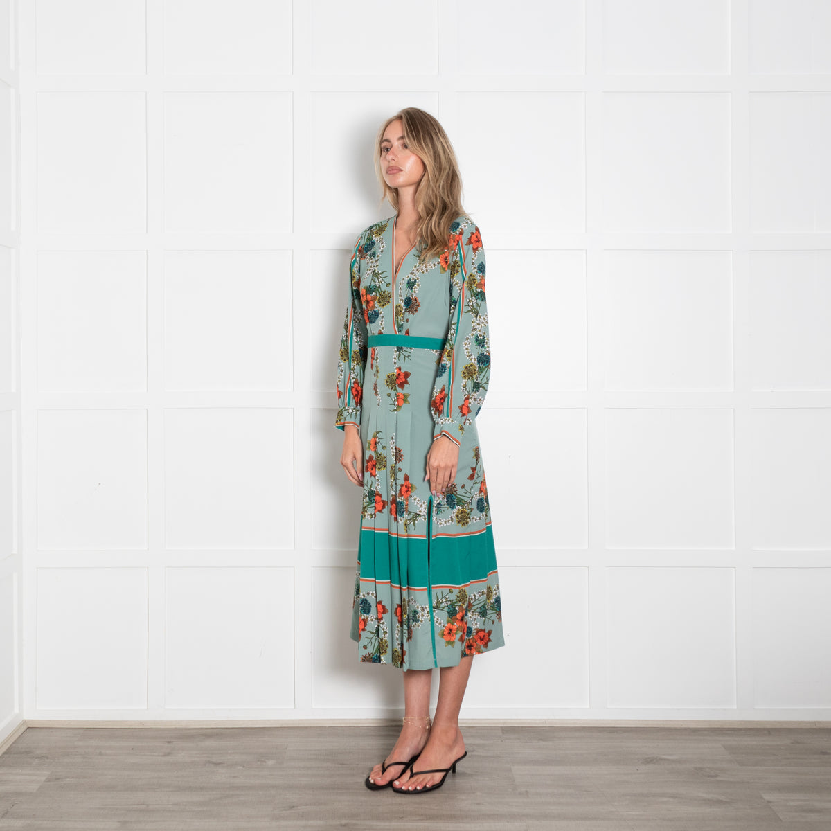 Sandro Green Floral Print Kimono Inspired Maxi Dress