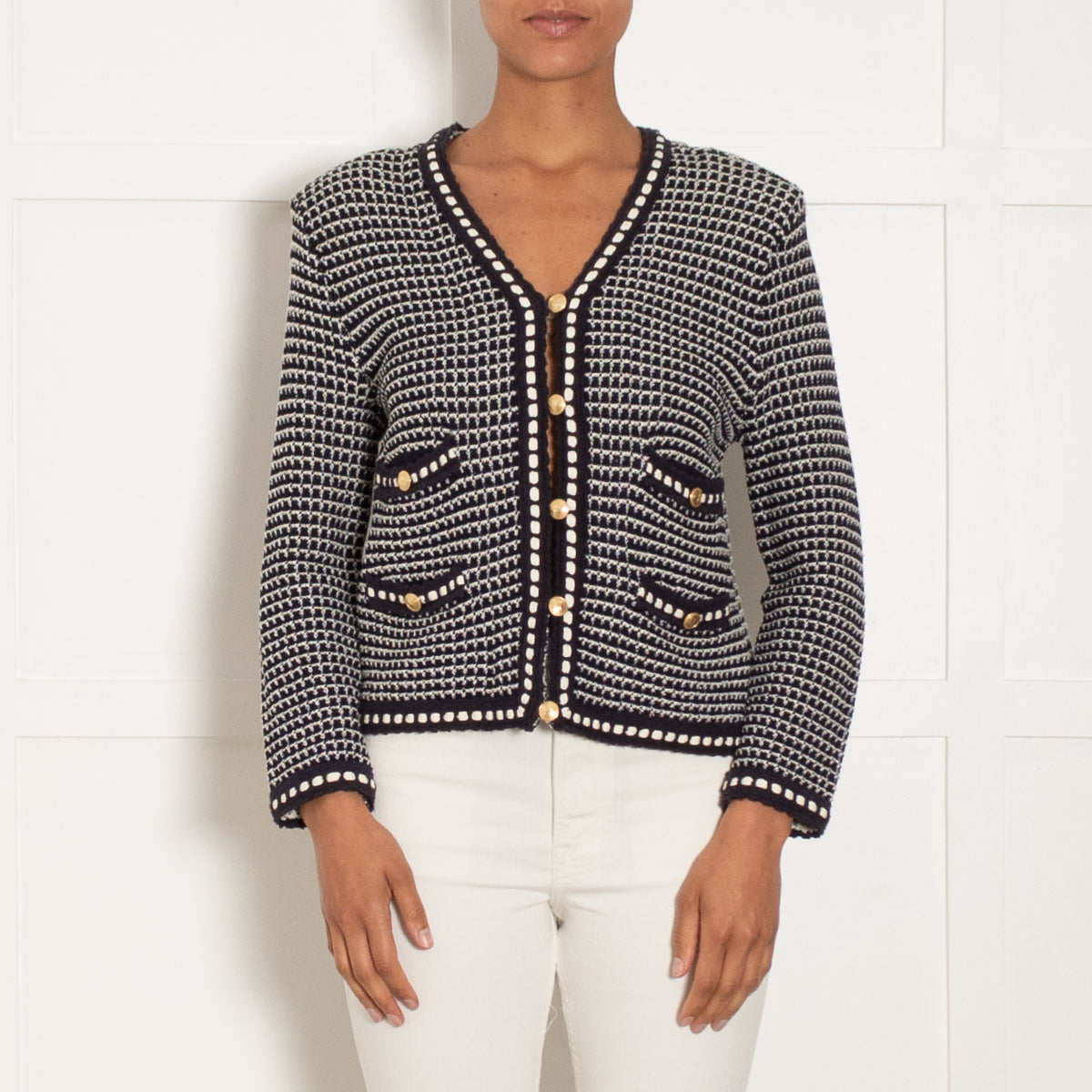 Me + Em Navy And White Boucle Jacket With Gold Buttons