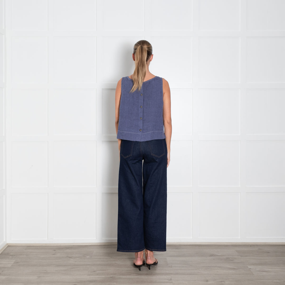 The White Company Blue White Thread Detail Linen Top