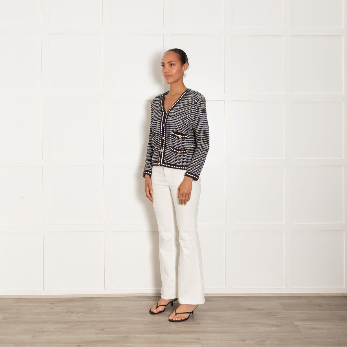 Me + Em Navy And White Boucle Jacket With Gold Buttons