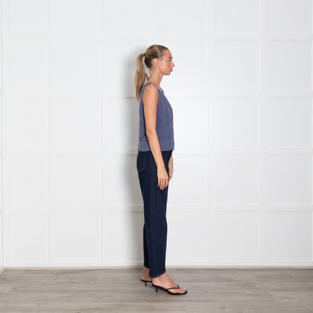 The White Company Blue White Thread Detail Linen Top