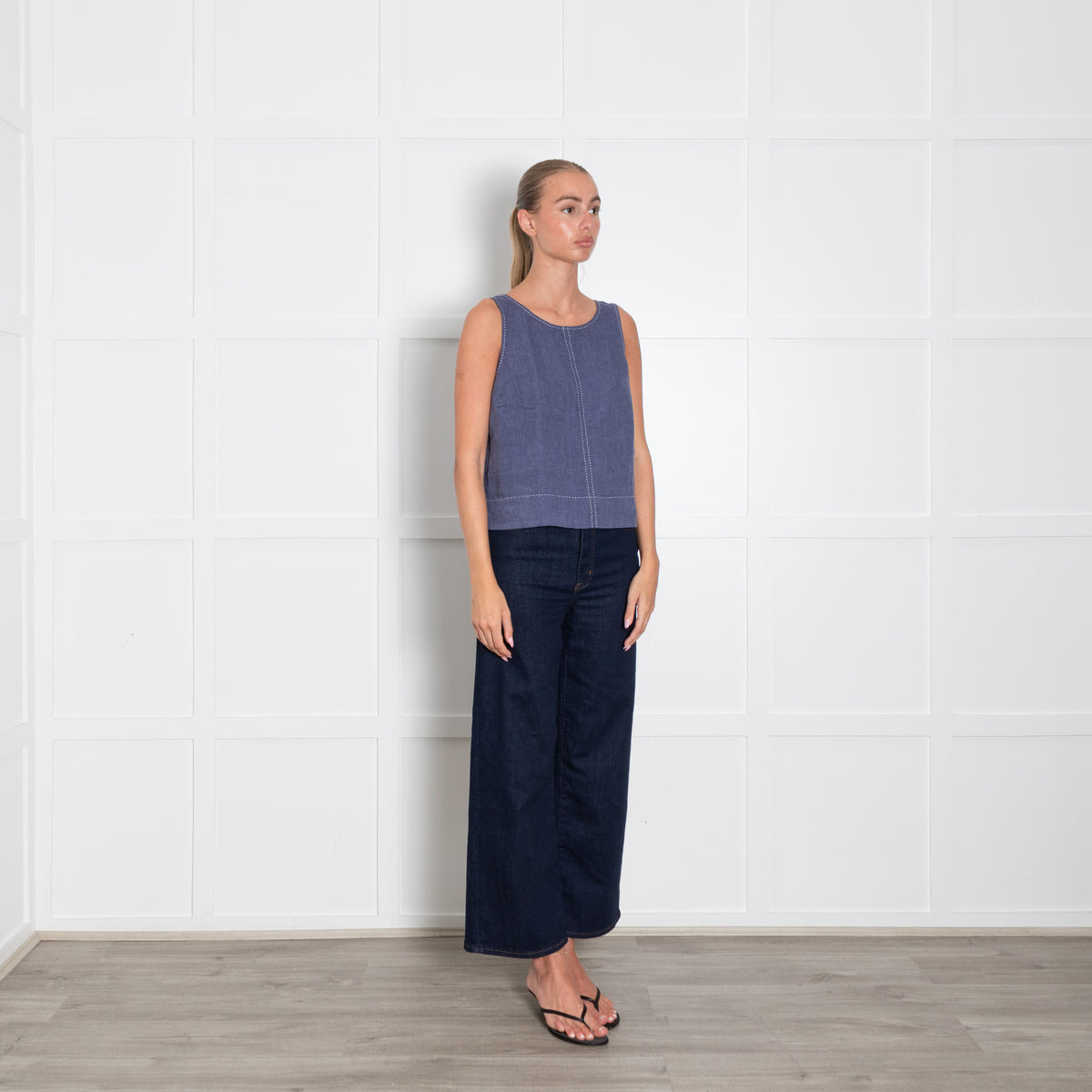 The White Company Blue White Thread Detail Linen Top