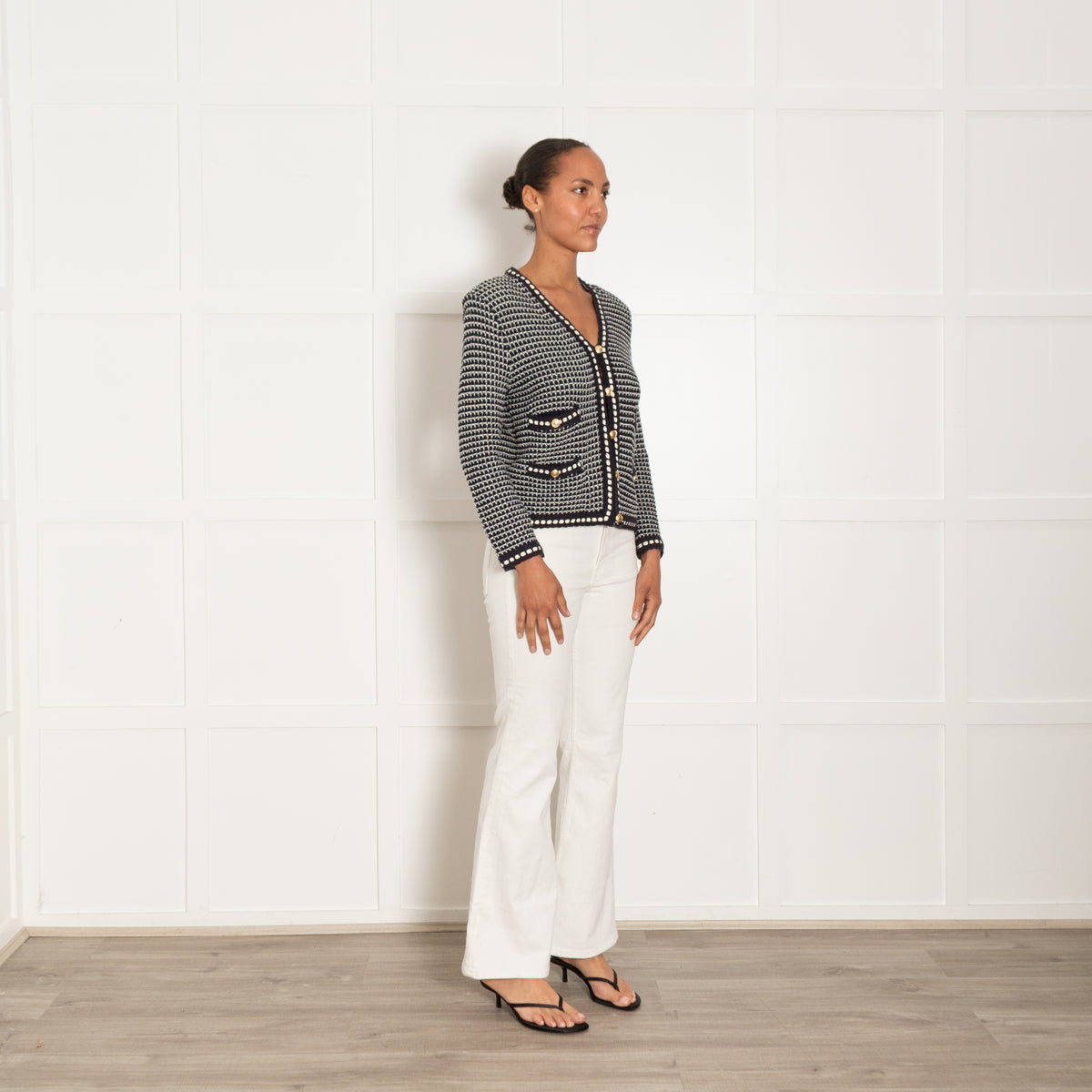 Me + Em Navy And White Boucle Jacket With Gold Buttons