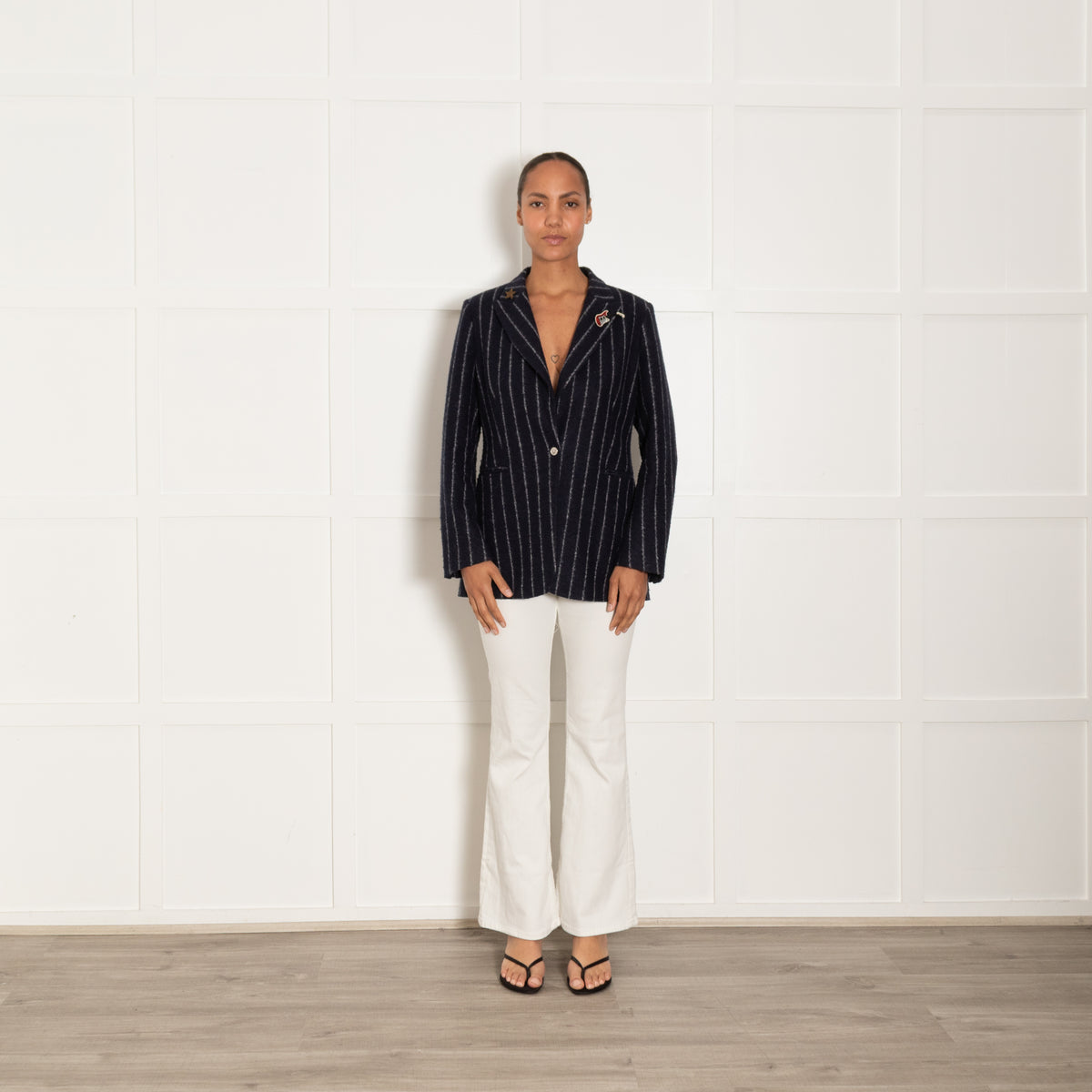 Vilgallo Navy Felted Wool Mix Pinstripe Blazer with Badges
