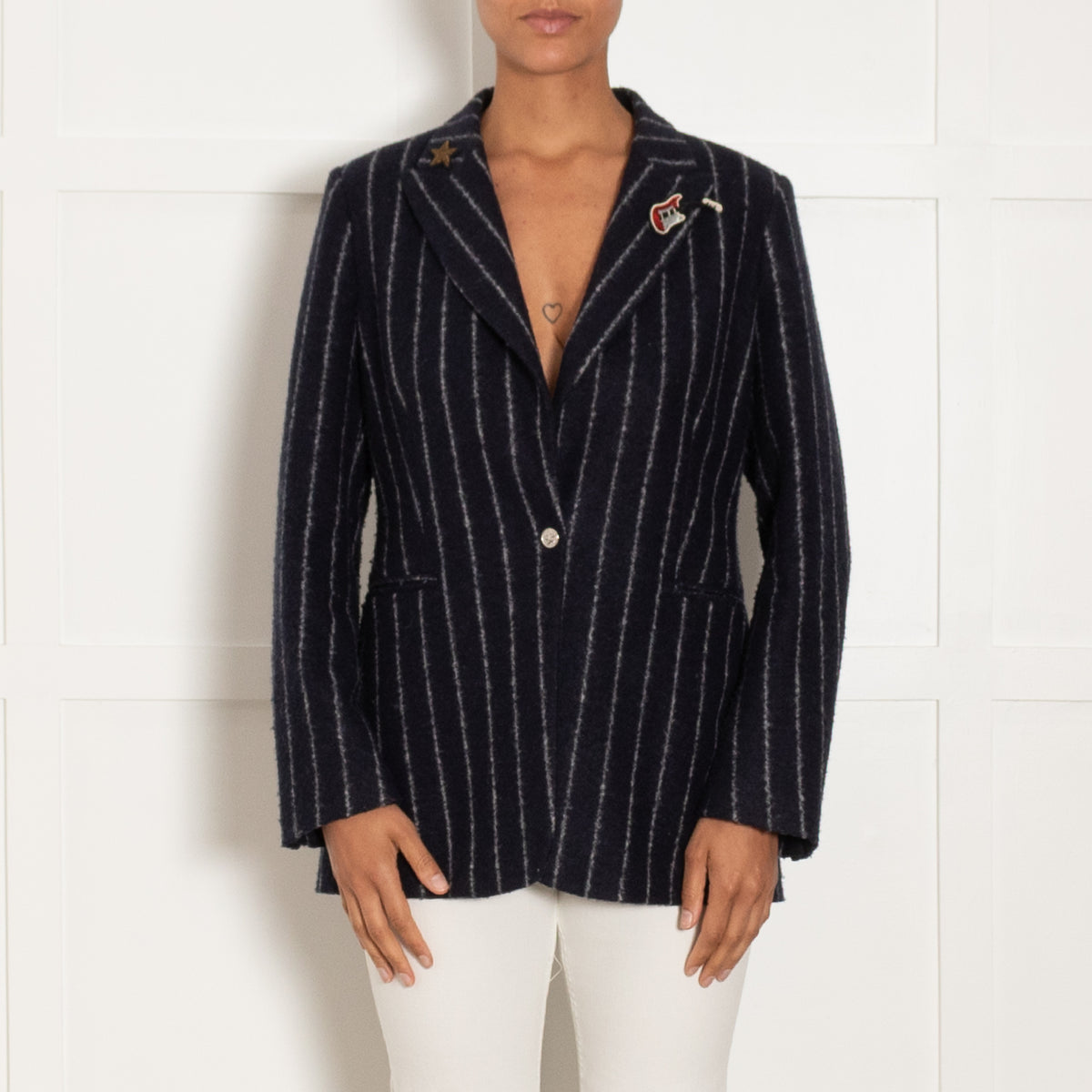 Vilgallo Navy Felted Wool Mix Pinstripe Blazer with Badges