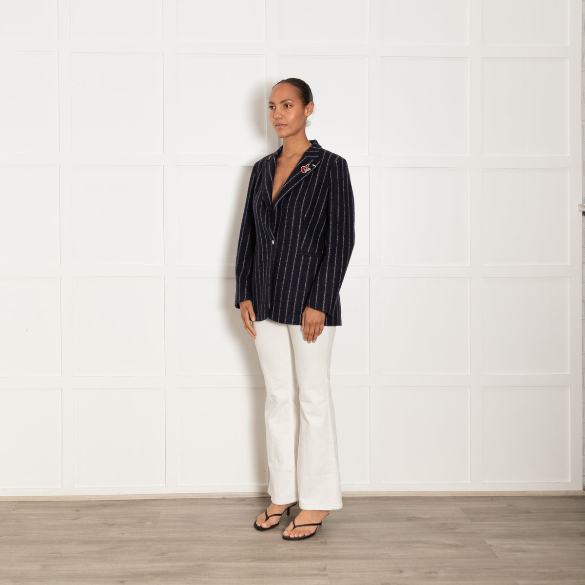Vilgallo Navy Felted Wool Mix Pinstripe Blazer with Badges