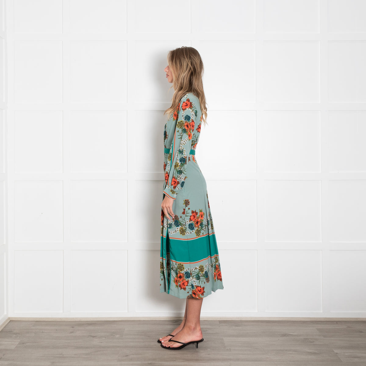 Sandro Green Floral Print Kimono Inspired Maxi Dress