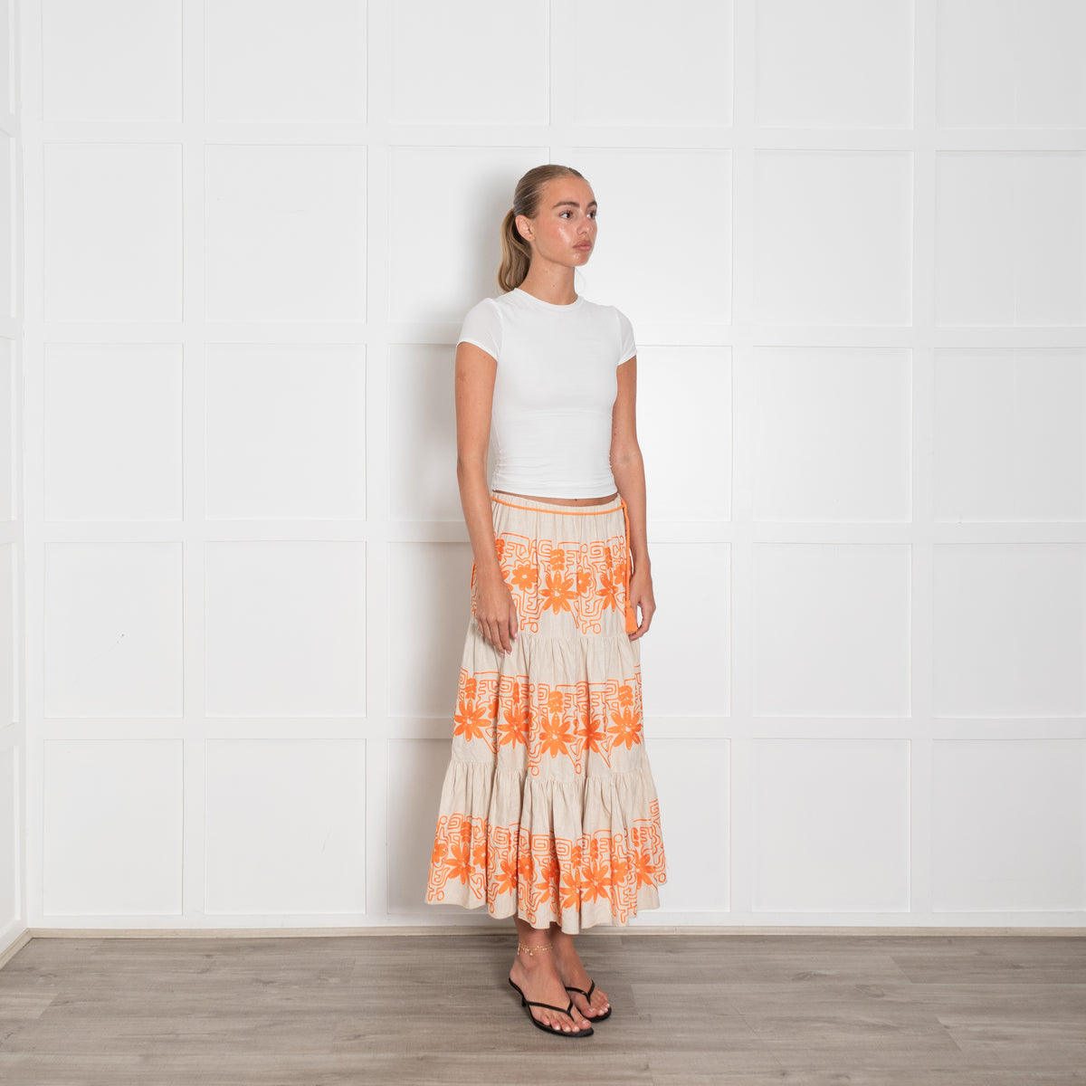 Maje Beige Orange Flower Embroidery Tiered Maxi Skirt