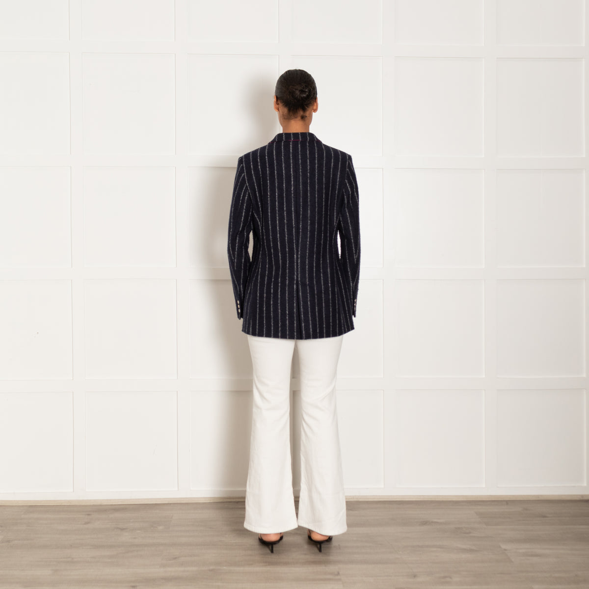 Vilgallo Navy Felted Wool Mix Pinstripe Blazer with Badges