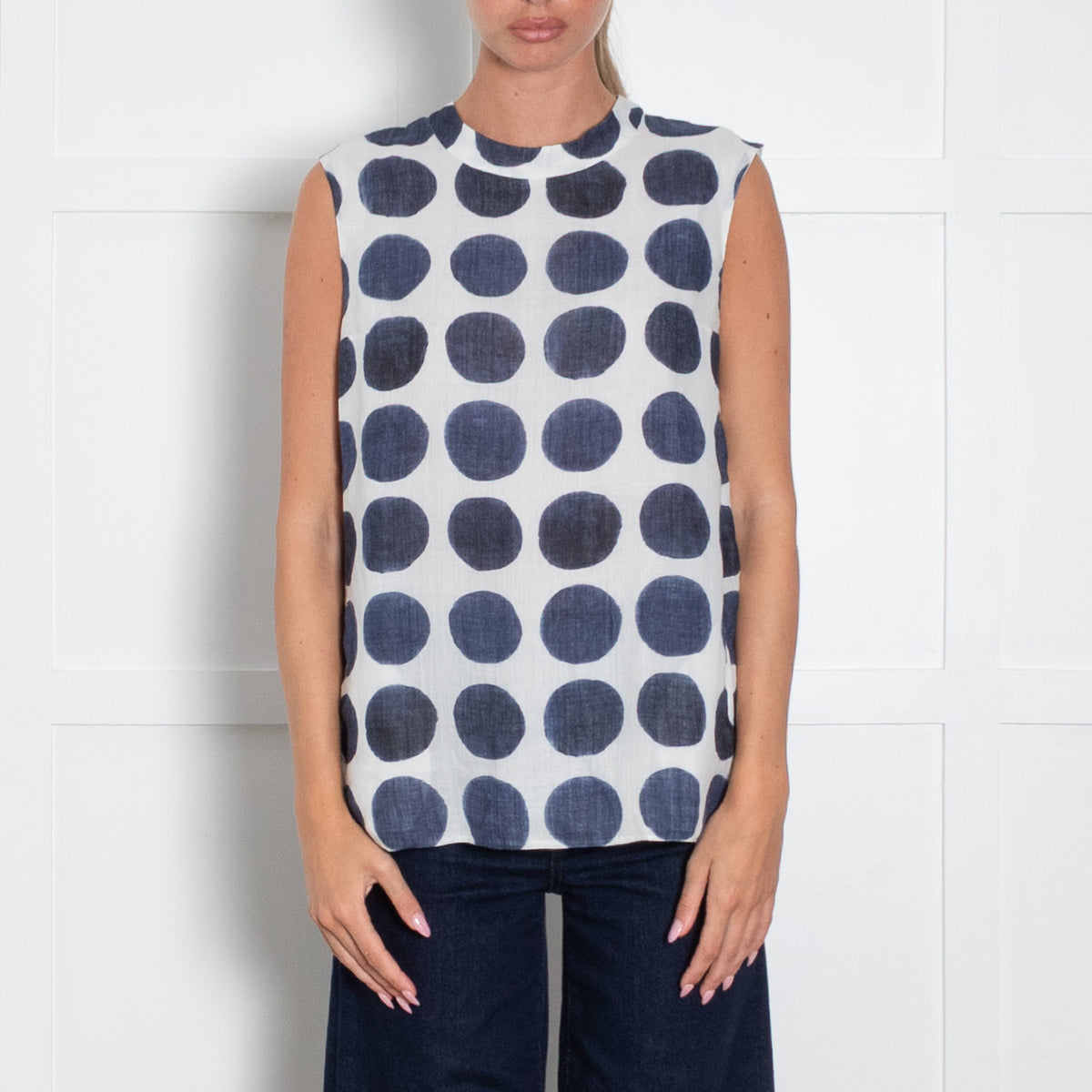 S Max Mara White Blue Circle Print Sleeveless Cotton Top