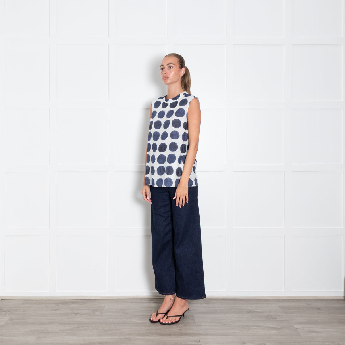 S Max Mara White Blue Circle Print Sleeveless Cotton Top