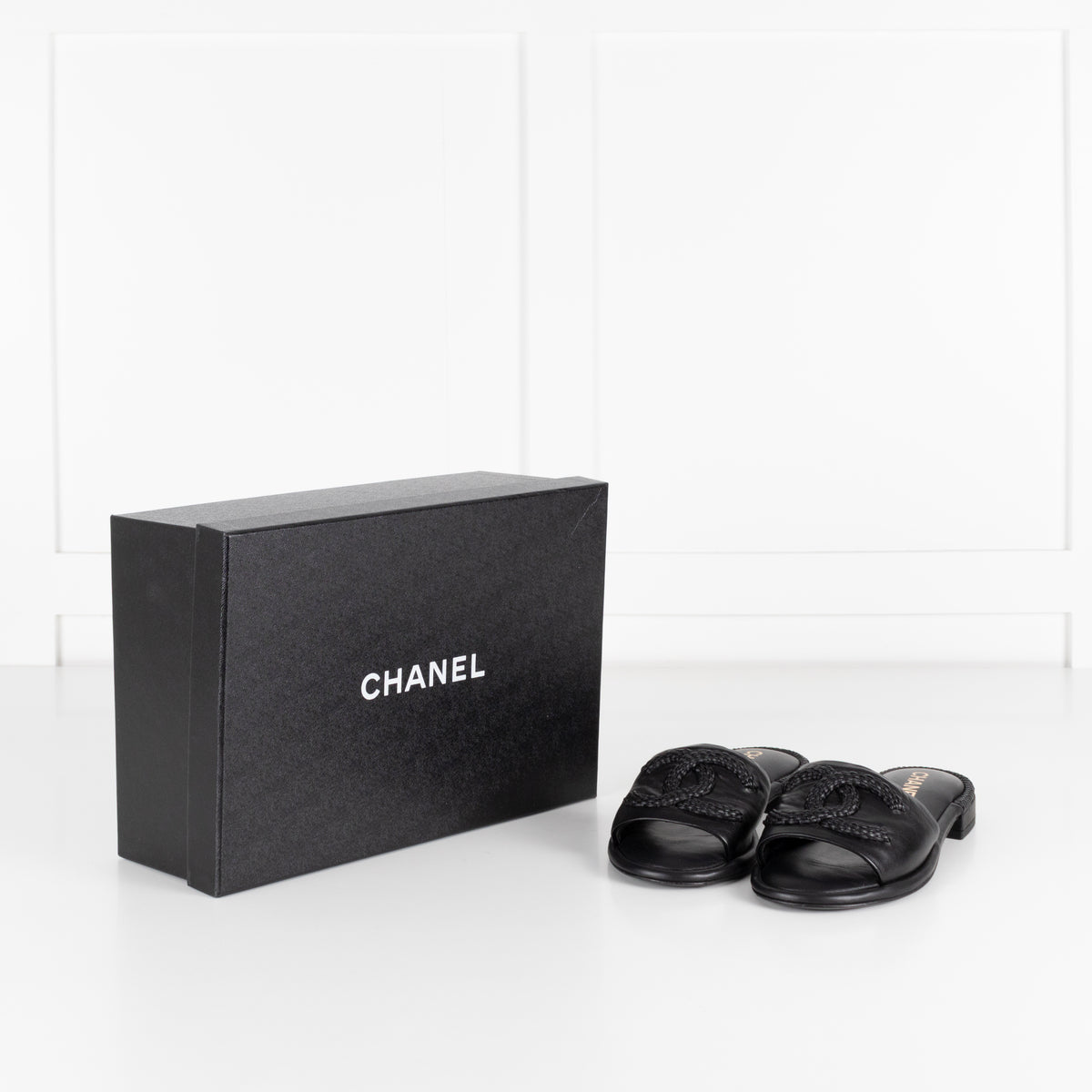 Chanel Black Braided CC Logo Cushioned Flat Sandals