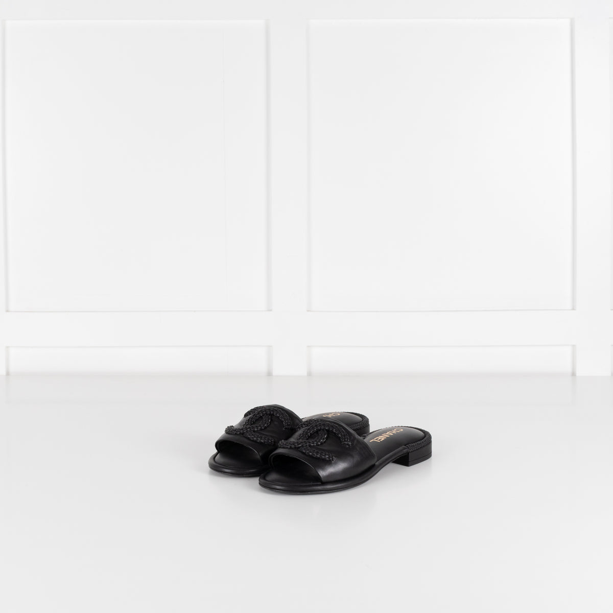 Chanel Black Braided CC Logo Cushioned Flat Sandals
