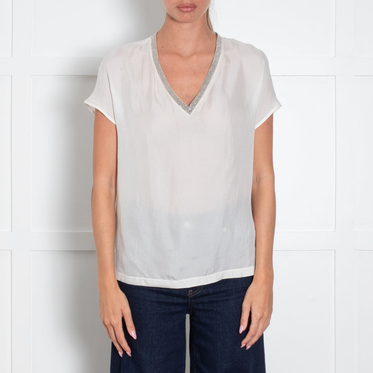 Fabiana Filippi Cream Silk Silver Bead Trim V Neck Sleeveless Top
