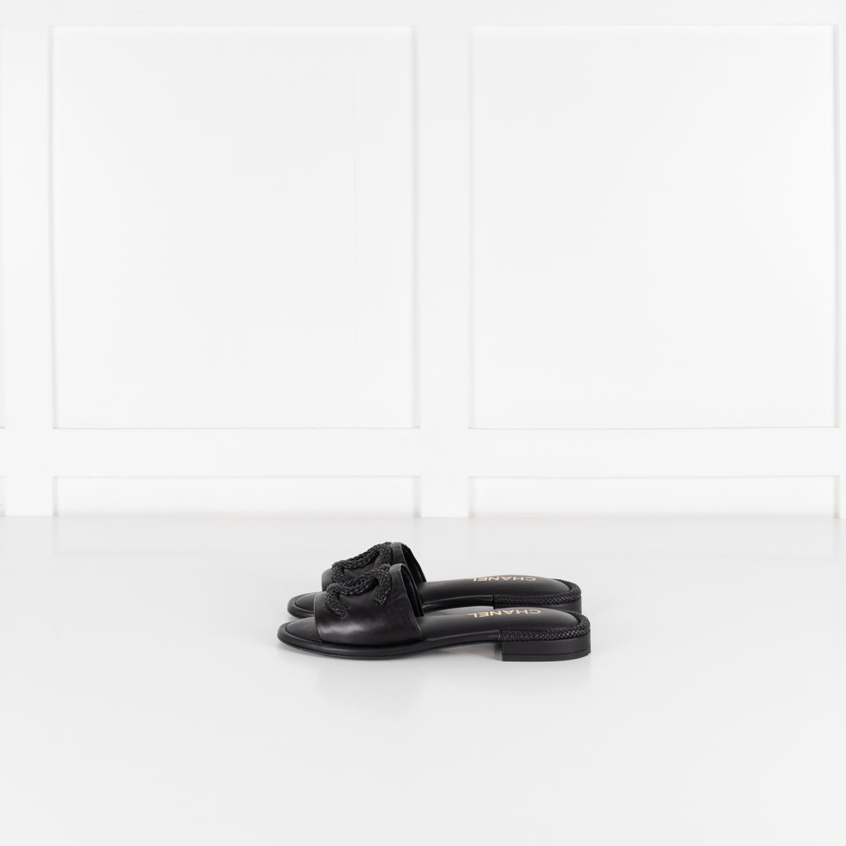 Chanel Black Braided CC Logo Cushioned Flat Sandals