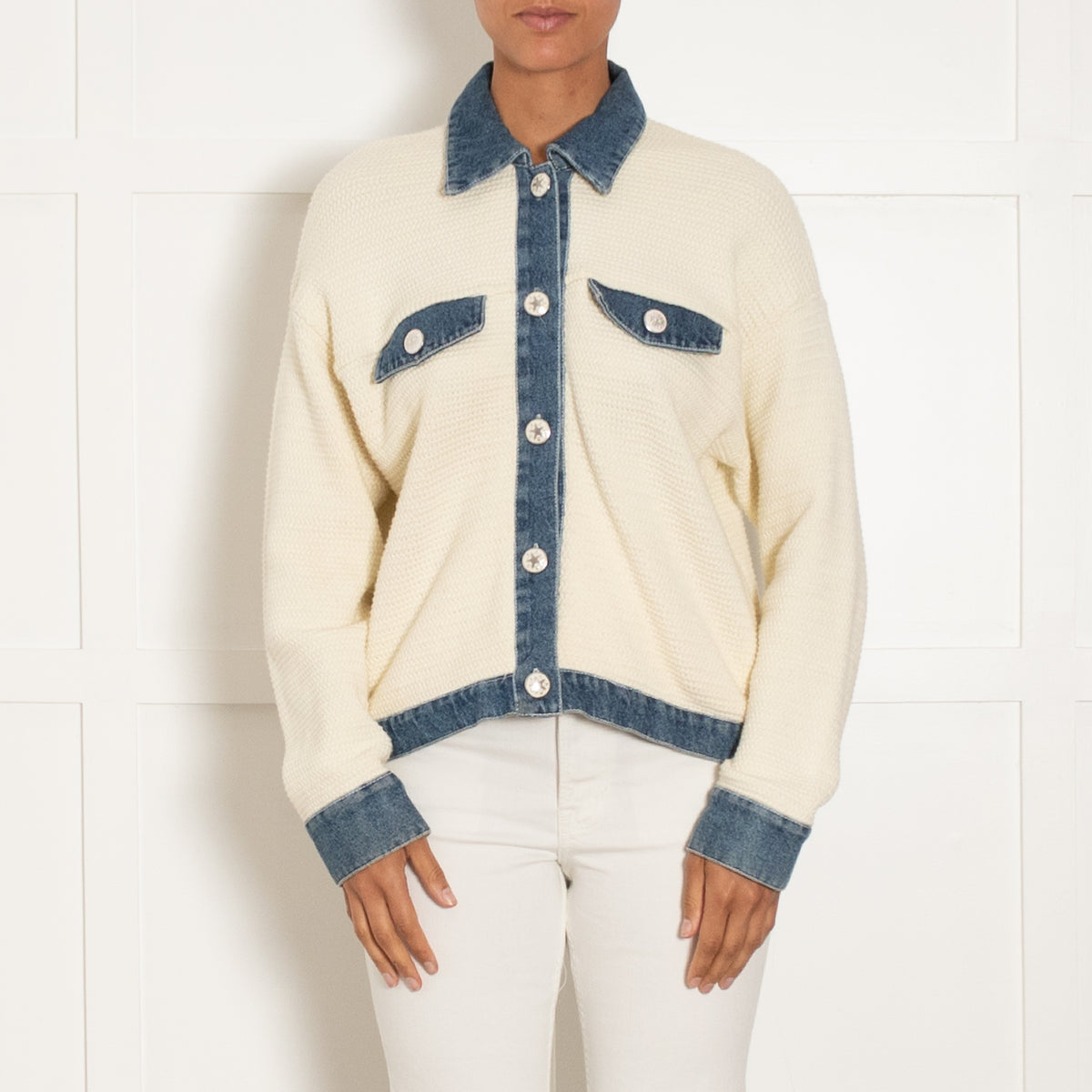 Sandro Nino Cream Crochet and Denim Jacket