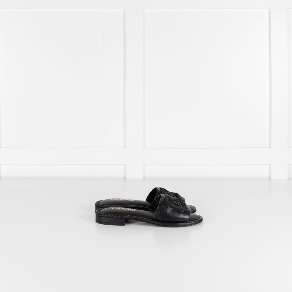 Chanel Black Braided CC Logo Cushioned Flat Sandals