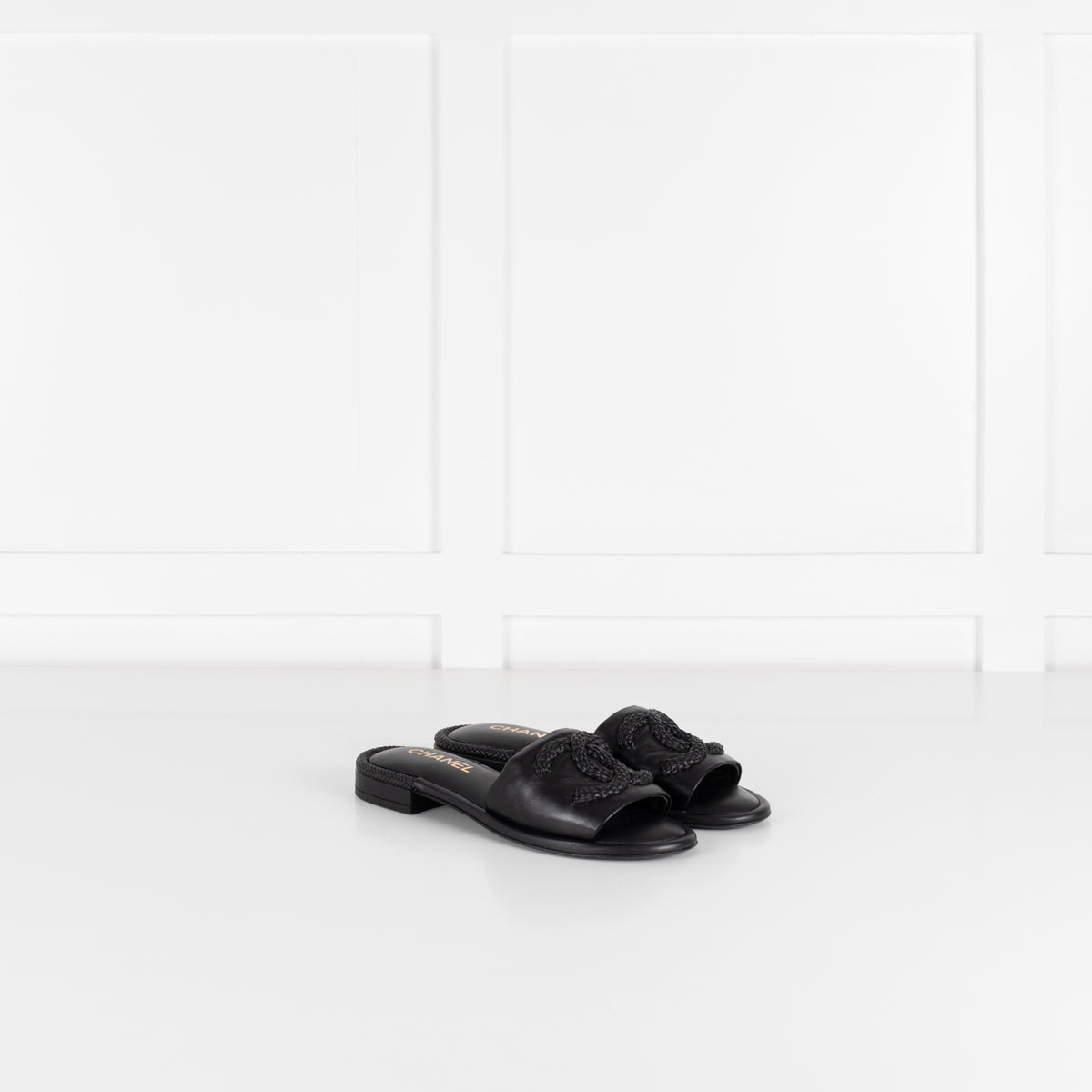 Chanel Black Braided CC Logo Cushioned Flat Sandals
