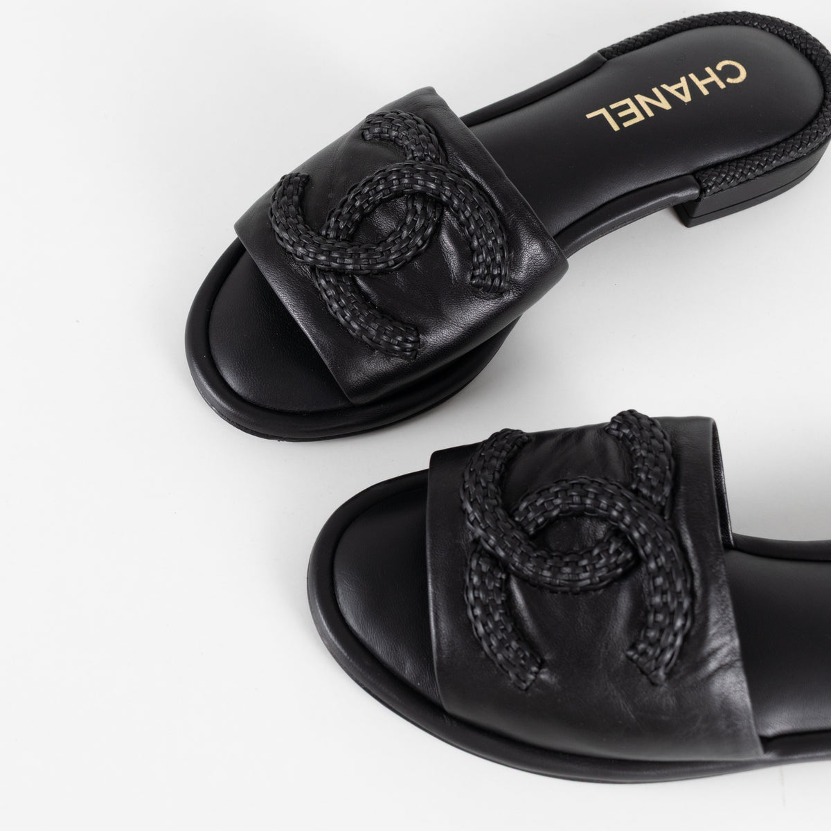 Chanel Black Braided CC Logo Cushioned Flat Sandals