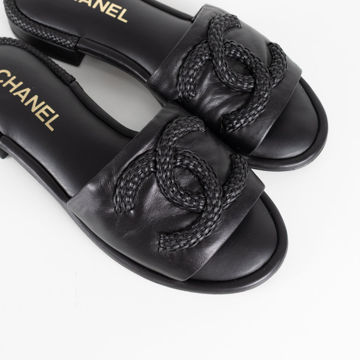Chanel Black Braided CC Logo Cushioned Flat Sandals