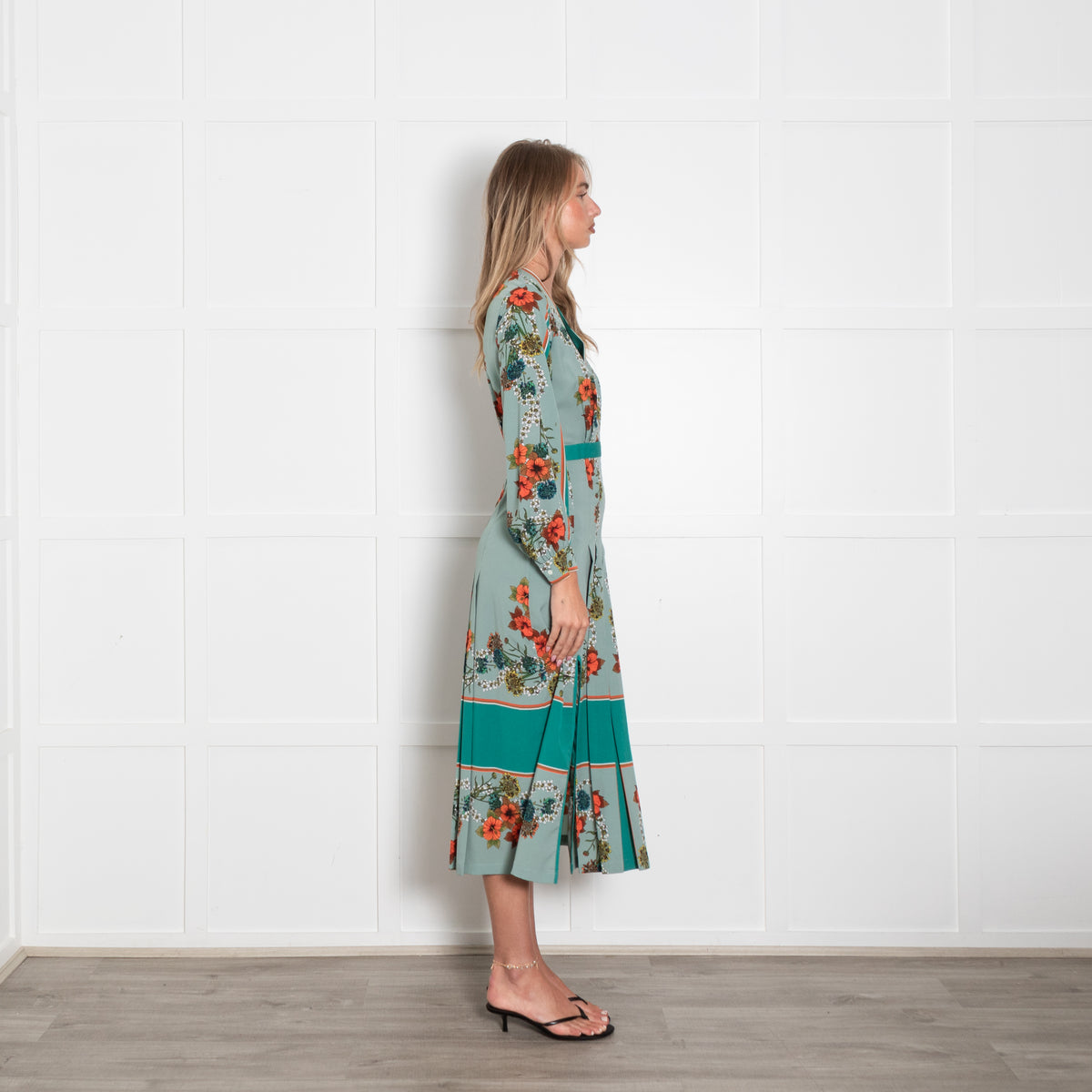 Sandro Green Floral Print Kimono Inspired Maxi Dress