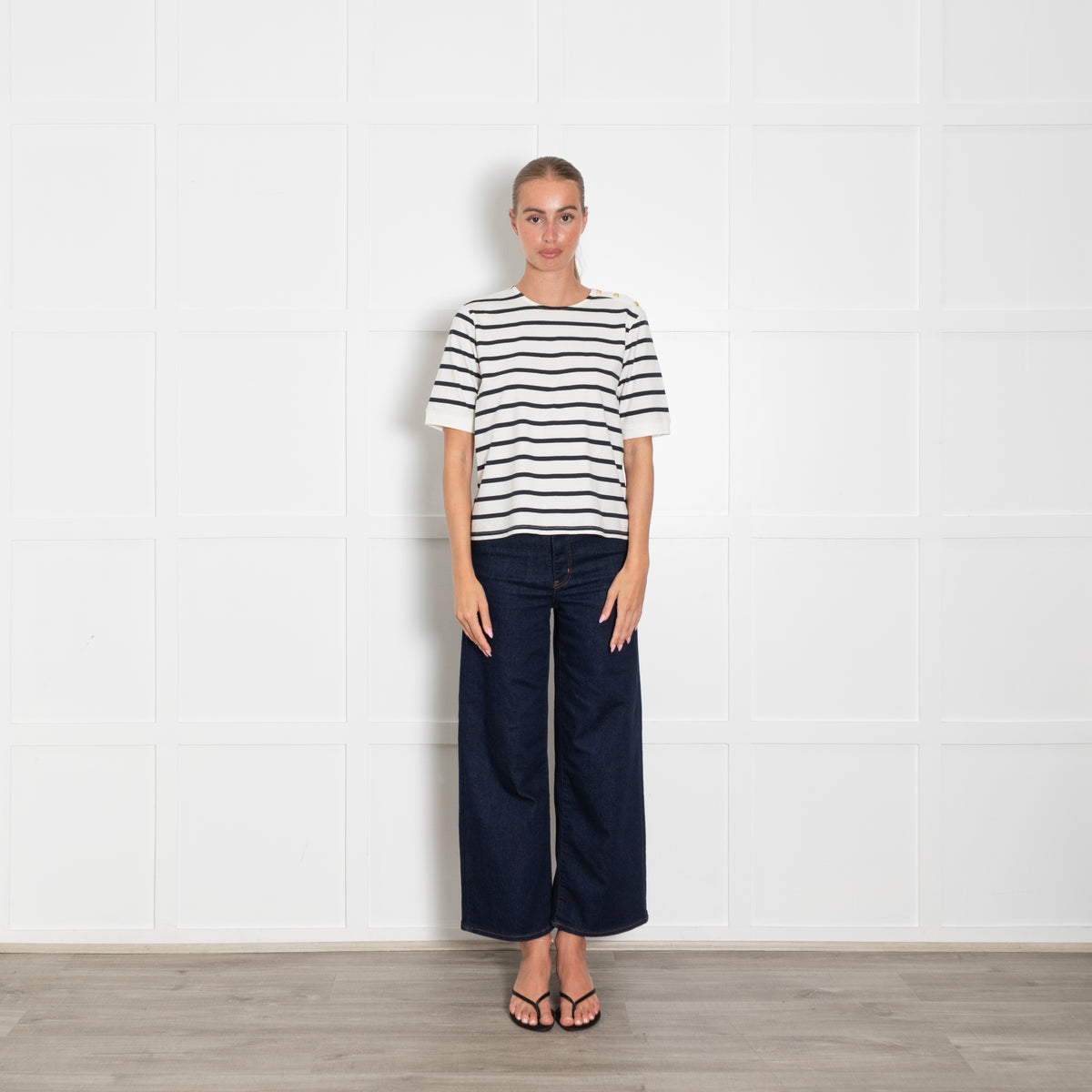 Frame White Blue Stripes Gold Button Detail T Shirt