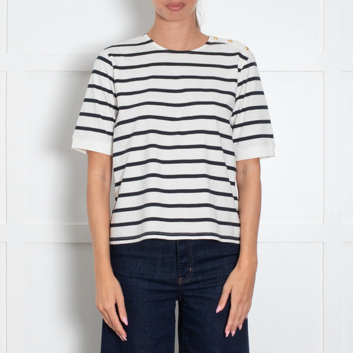 Frame White Blue Stripes Gold Button Detail T Shirt