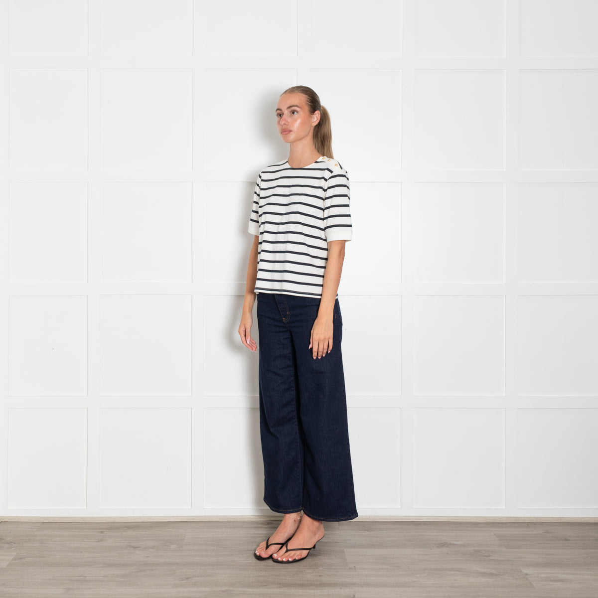 Frame White Blue Stripes Gold Button Detail T Shirt
