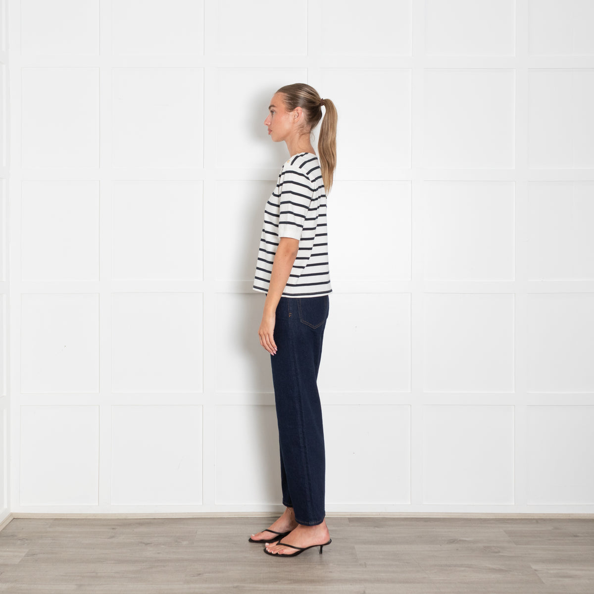 Frame White Blue Stripes Gold Button Detail T Shirt
