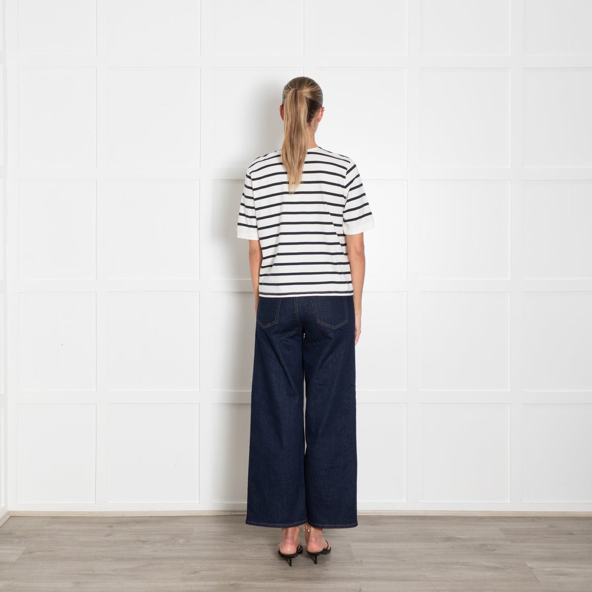 Frame White Blue Stripes Gold Button Detail T Shirt
