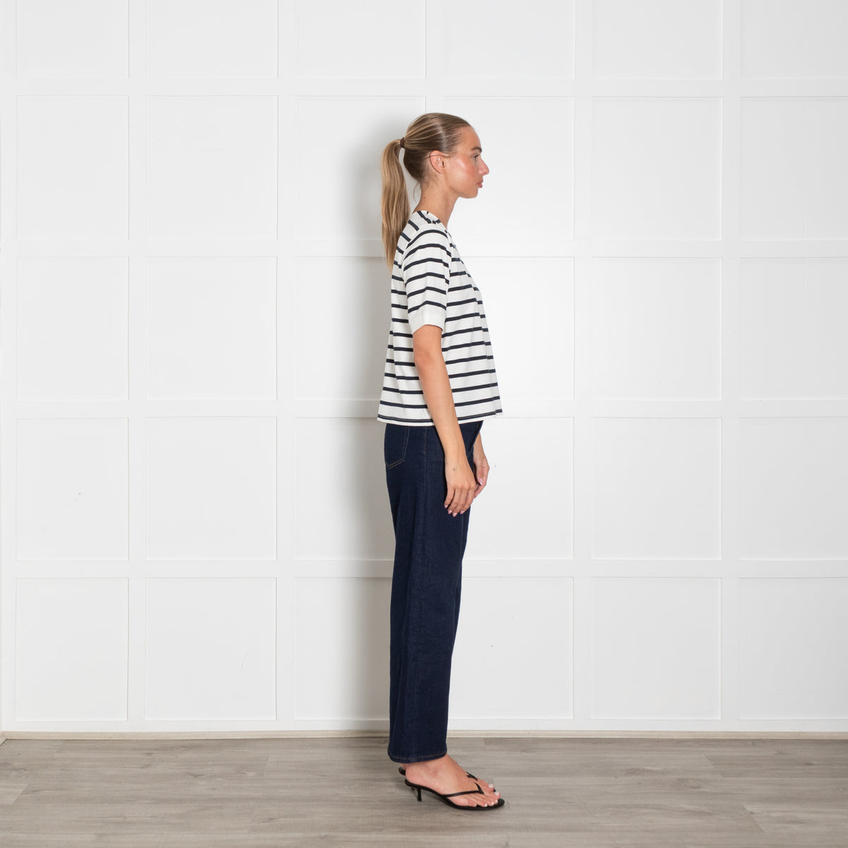 Frame White Blue Stripes Gold Button Detail T Shirt