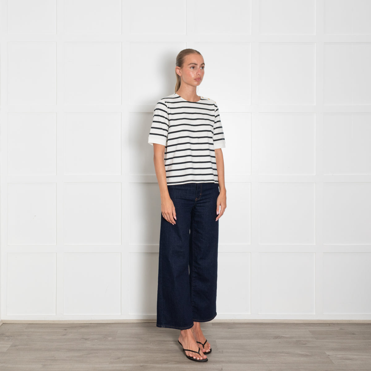 Frame White Blue Stripes Gold Button Detail T Shirt
