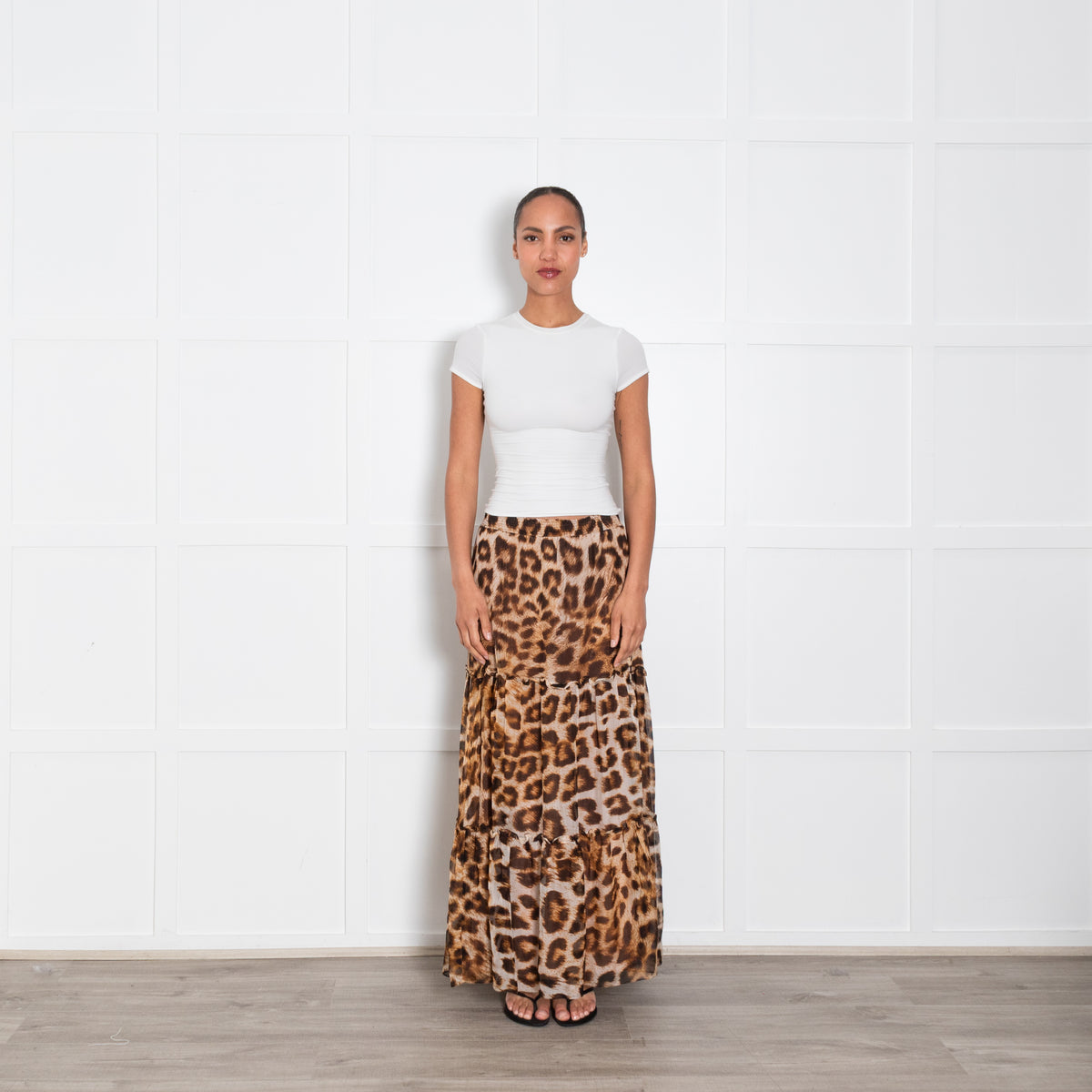 Ridley Brown Animal Print Silk Tiered Maxi Skirt