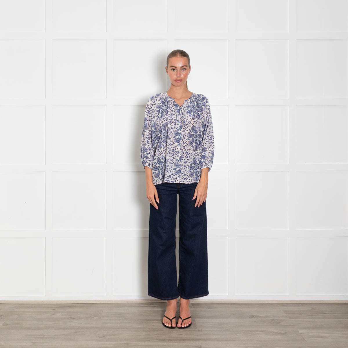 Tucker White Blue Coral Print Silk Blouse