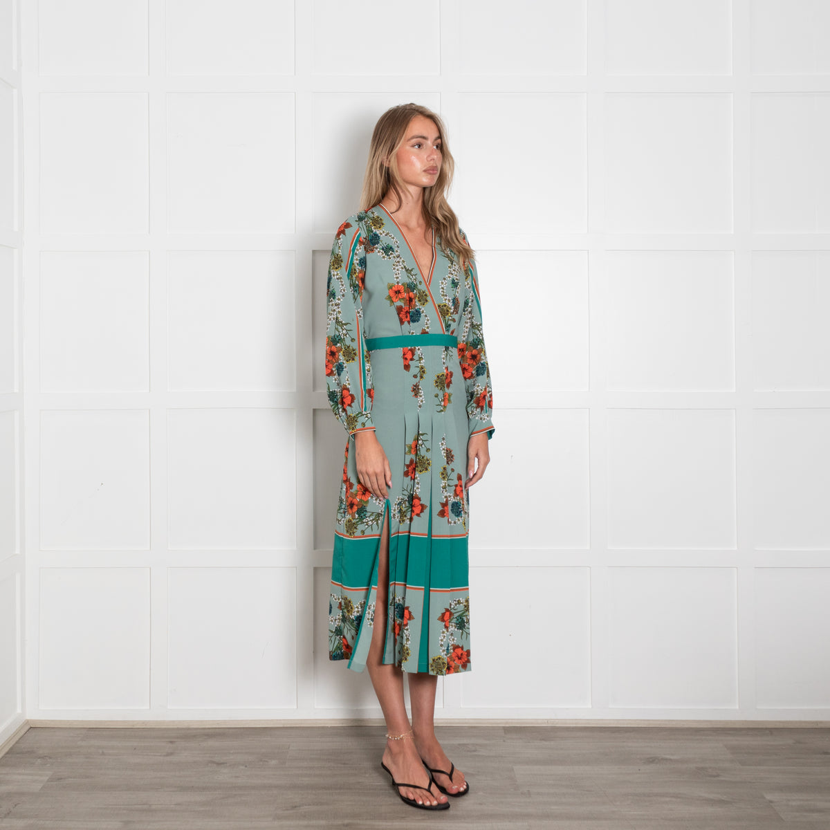 Sandro Green Floral Print Kimono Inspired Maxi Dress
