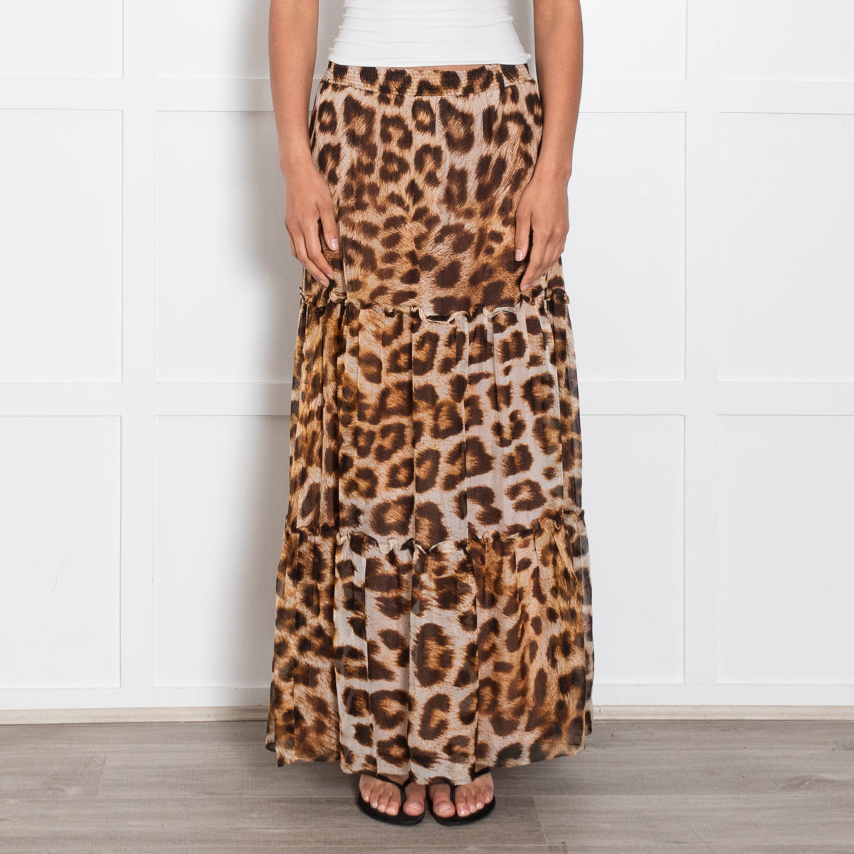 Ridley Brown Animal Print Silk Tiered Maxi Skirt