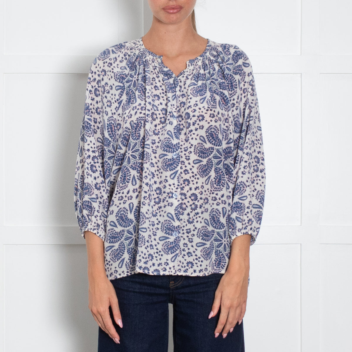 Tucker White Blue Coral Print Silk Blouse