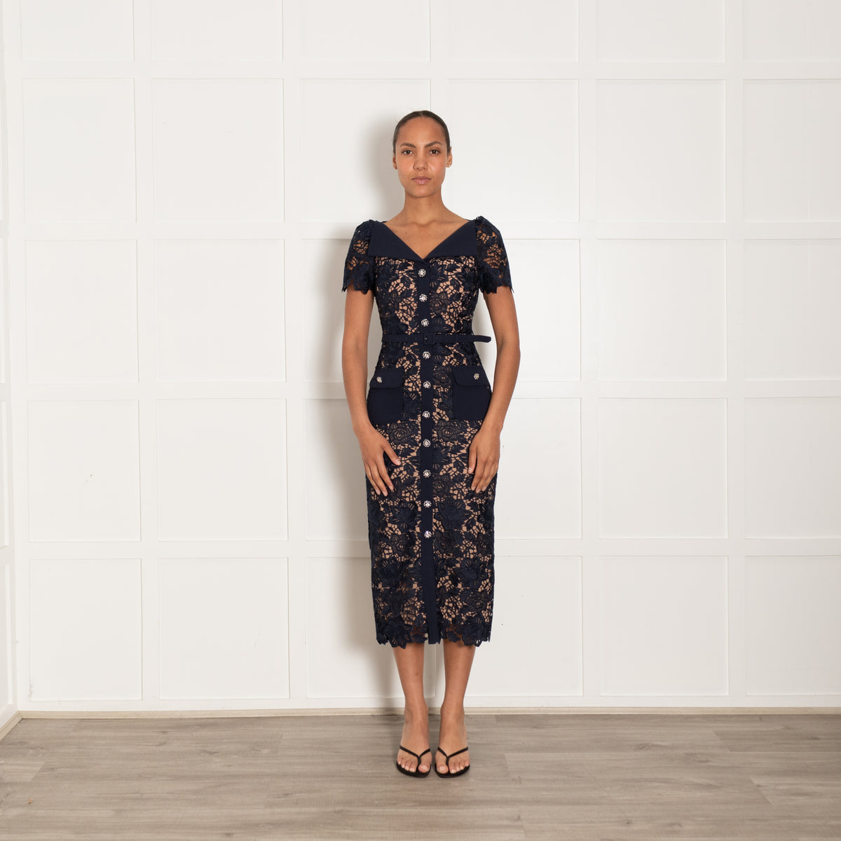 Self Portrait Navy Guipre Lace Midi Dress Contrasting Collar