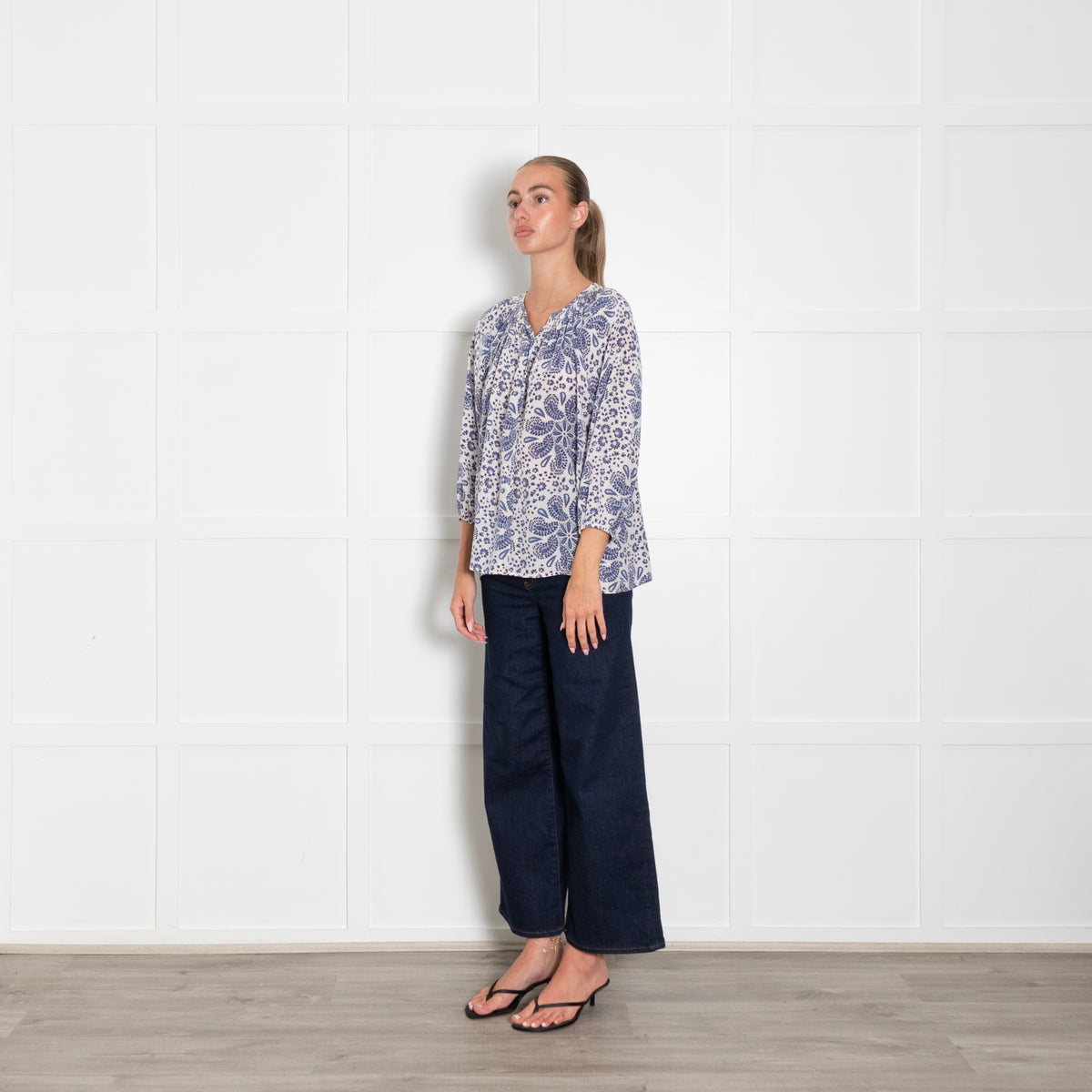 Tucker White Blue Coral Print Silk Blouse