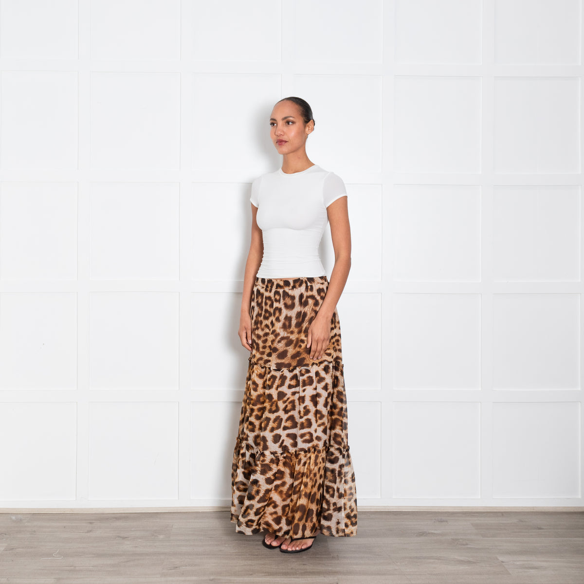 Ridley Brown Animal Print Silk Tiered Maxi Skirt