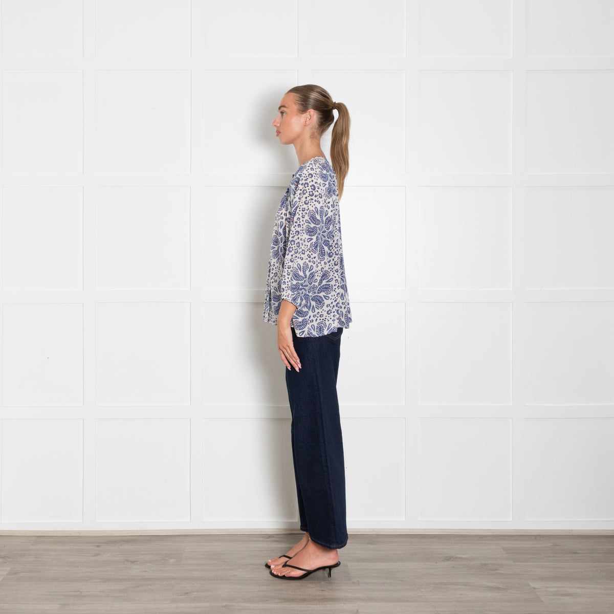 Tucker White Blue Coral Print Silk Blouse