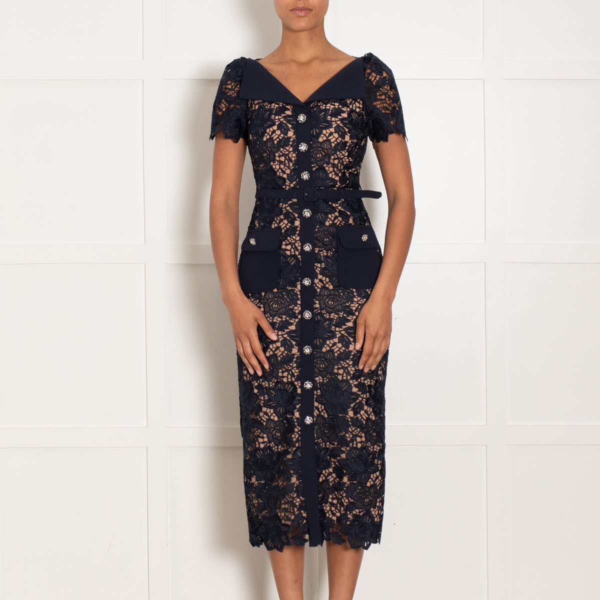 Self Portrait Navy Guipre Lace Midi Dress Contrasting Collar
