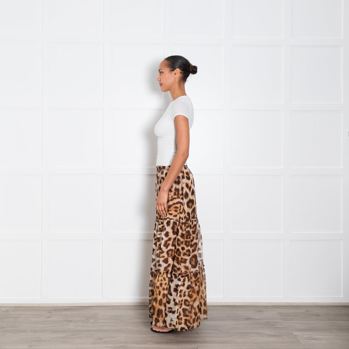 Ridley Brown Animal Print Silk Tiered Maxi Skirt