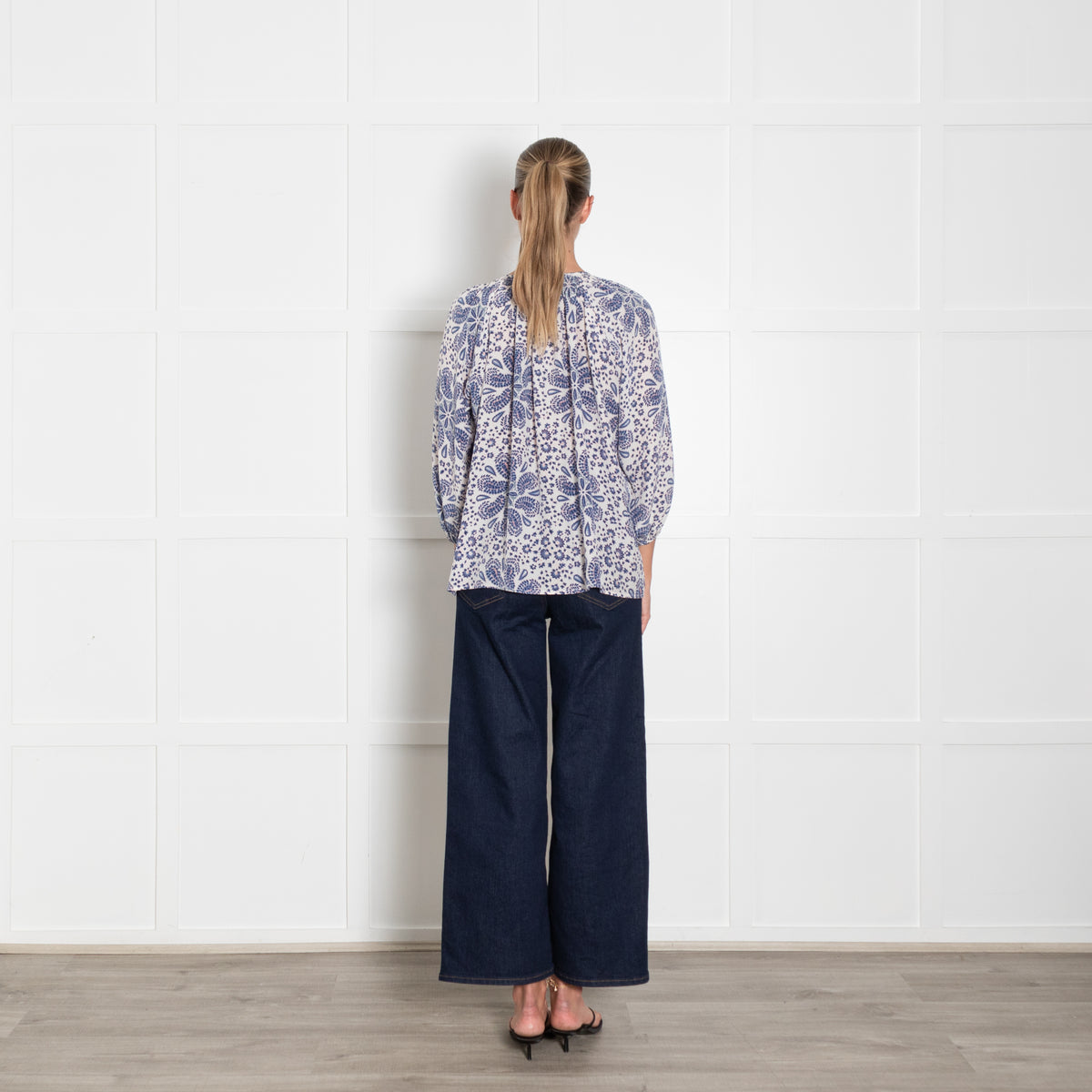 Tucker White Blue Coral Print Silk Blouse
