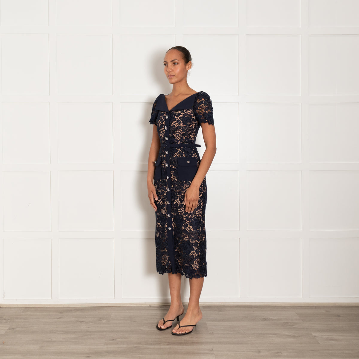 Self Portrait Navy Guipre Lace Midi Dress Contrasting Collar